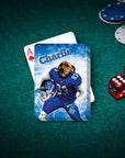 Personalized playing card featuring a dog in a blue football uniform, "Charlie" text, on a green felt table.