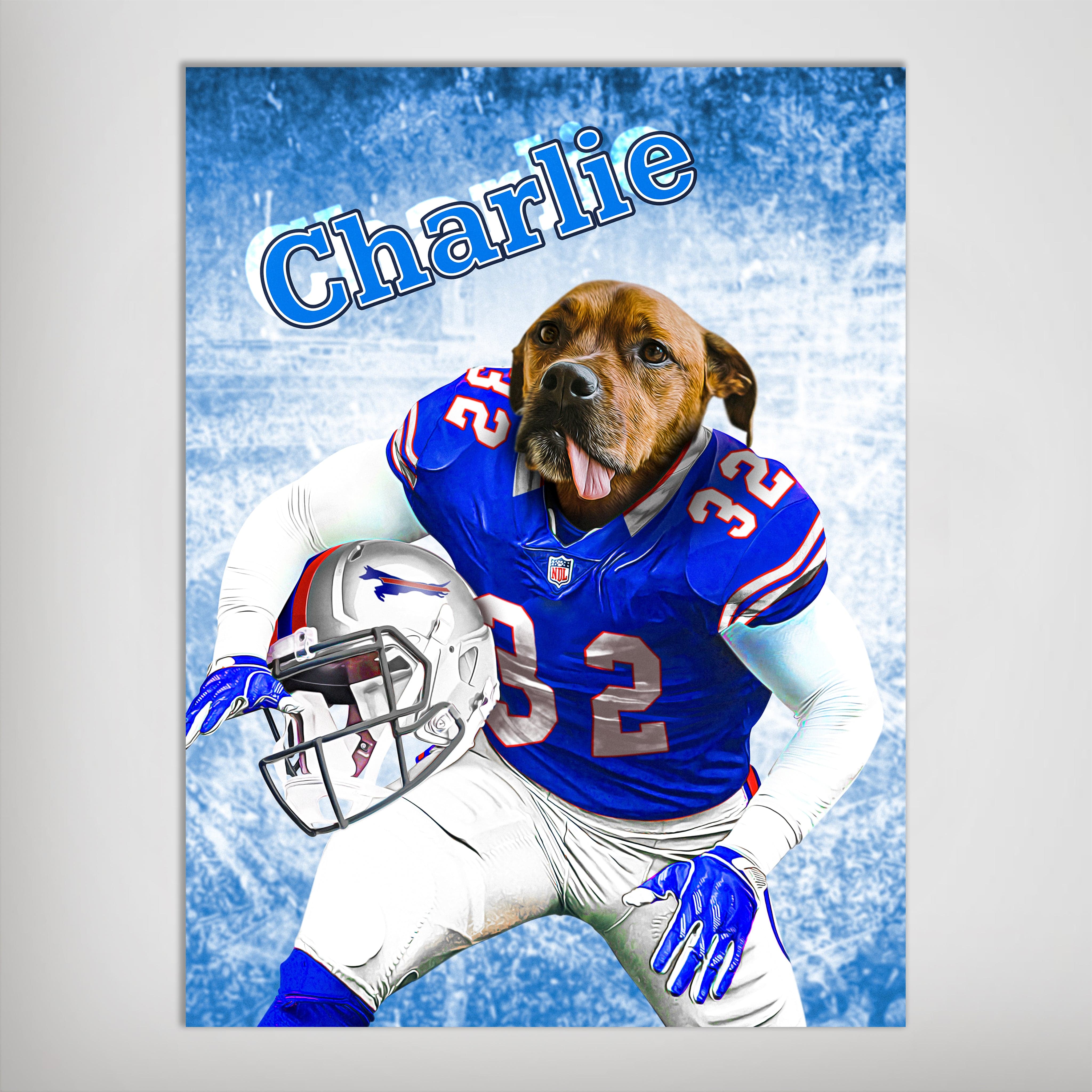 Personalized pet poster featuring a dog's head on a football player's body in a blue jersey, holding a helmet, with "Charlie" text.