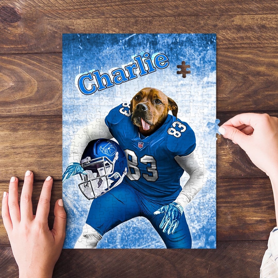 Personalized pet puzzle featuring a dog in a blue football uniform, named "Charlie.