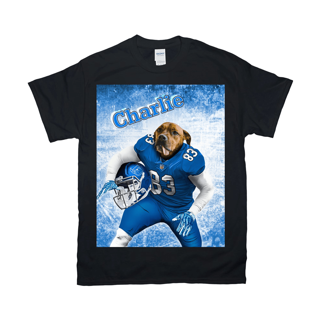 Black Gildan t-shirt with a personalized design of a dog in a blue football uniform, holding a helmet.