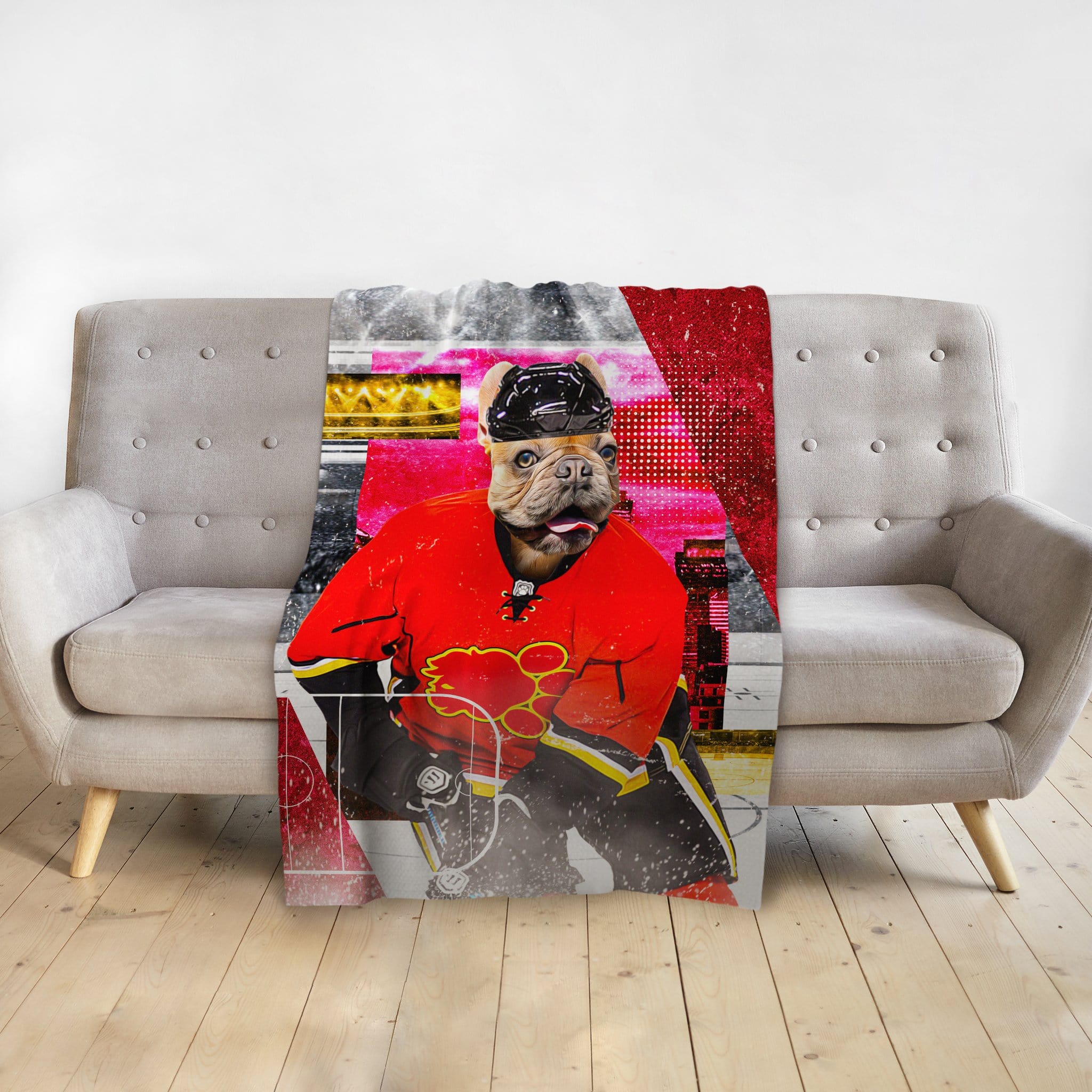 Custom pet blanket with a bulldog in a red hockey uniform, personalized Doggovinci portrait style.