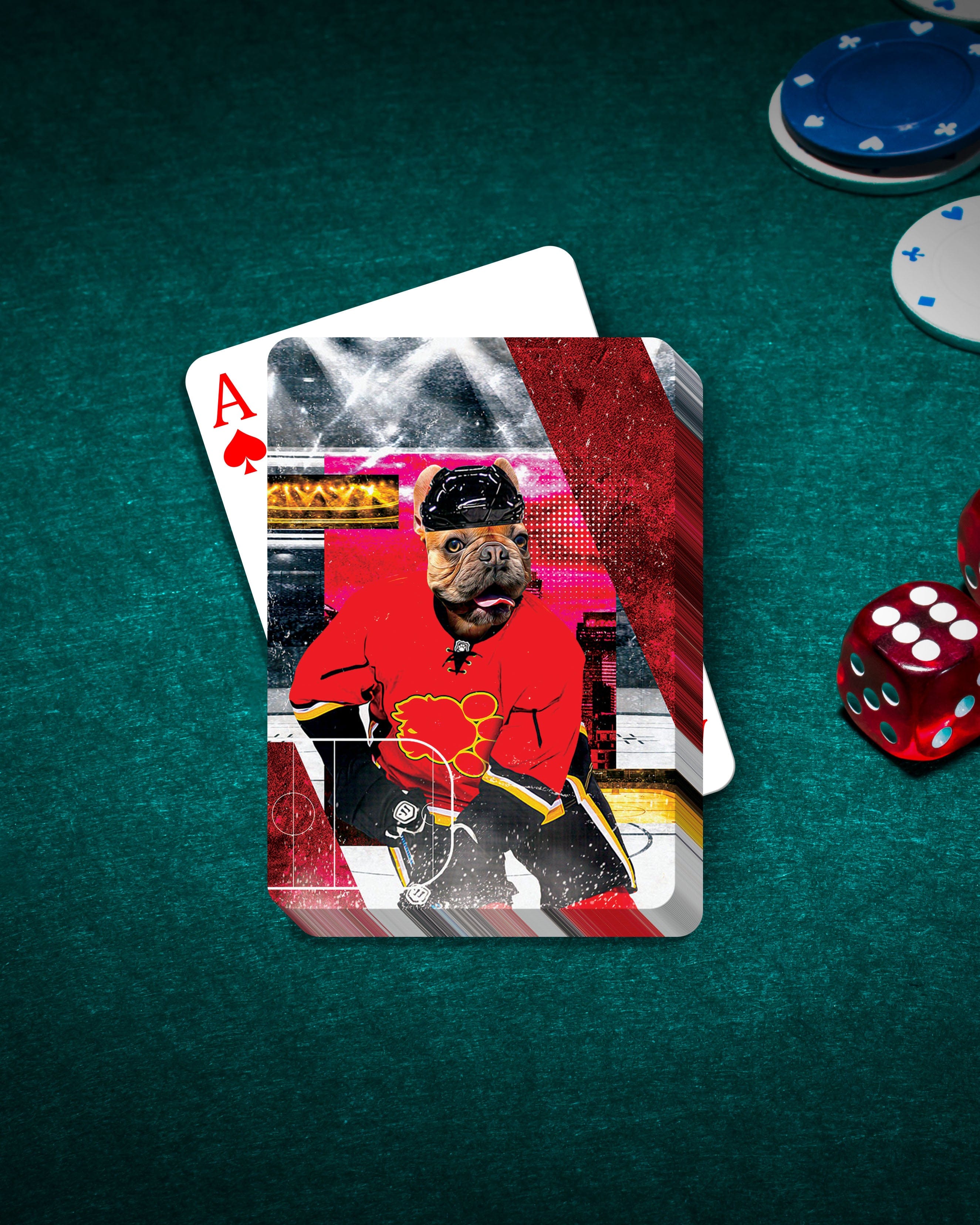 Custom personalized playing card featuring a French Bulldog pet portrait in a red hockey uniform.