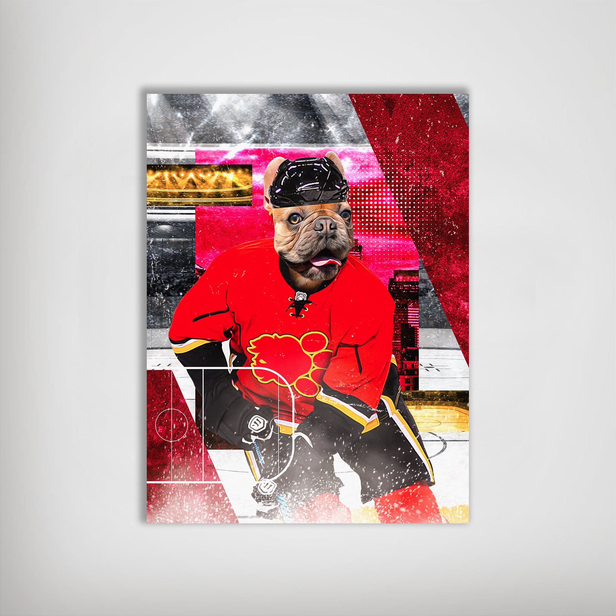 Personalized pet poster featuring a French Bulldog in a red Calgary Flames hockey uniform on an ice rink.