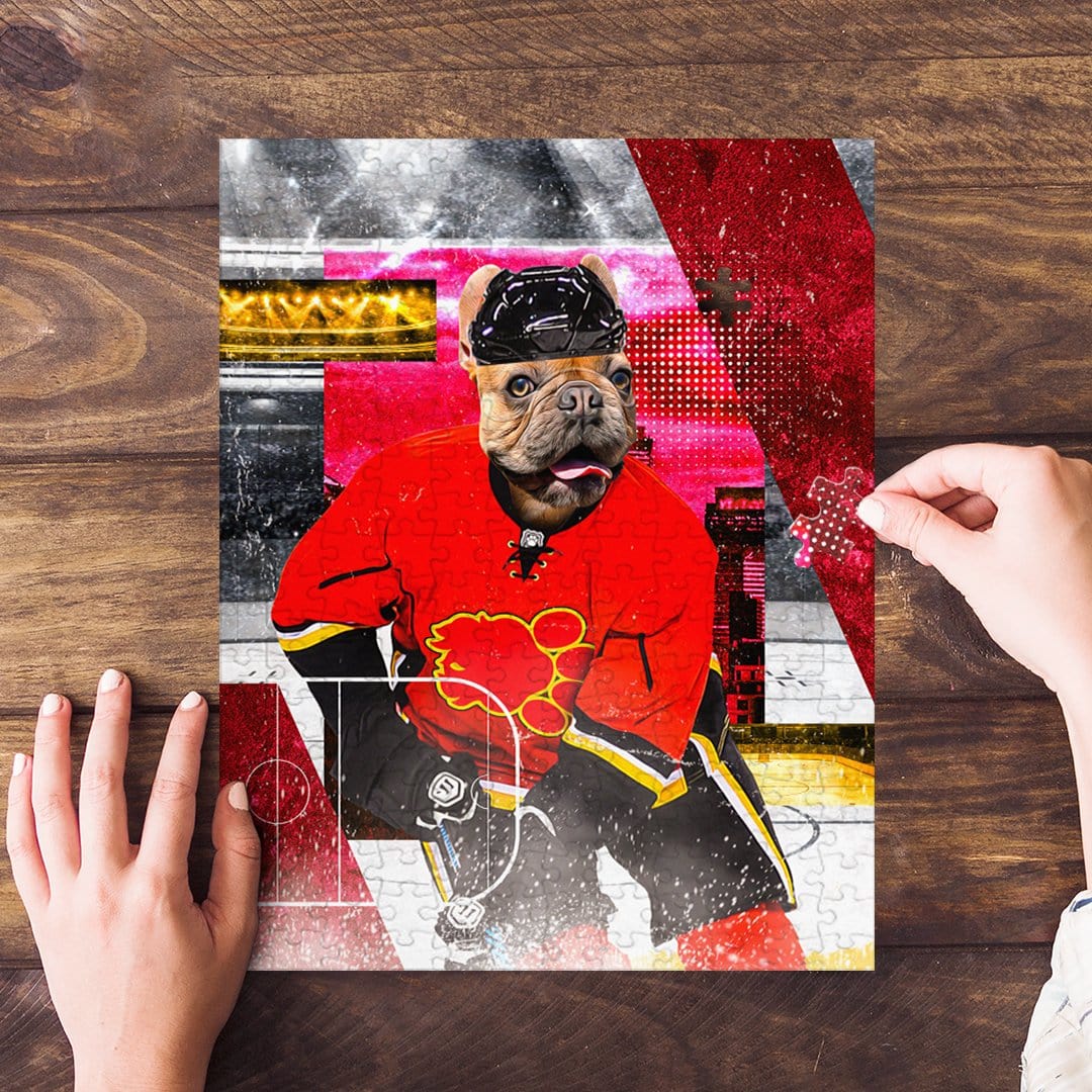 Personalized Calgary Doggos Hockey puzzle featuring a French bulldog in a red jersey, being assembled.