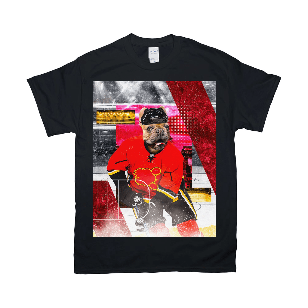 Black Gildan cotton t-shirt with a personalized pet hockey player design, featuring a bulldog in a red jersey.