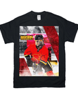 Black Gildan cotton t-shirt with a personalized pet hockey player design, featuring a bulldog in a red jersey.