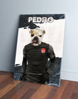 Personalized pet canvas featuring a bulldog in a black Canada soccer uniform, named "PEDRO.