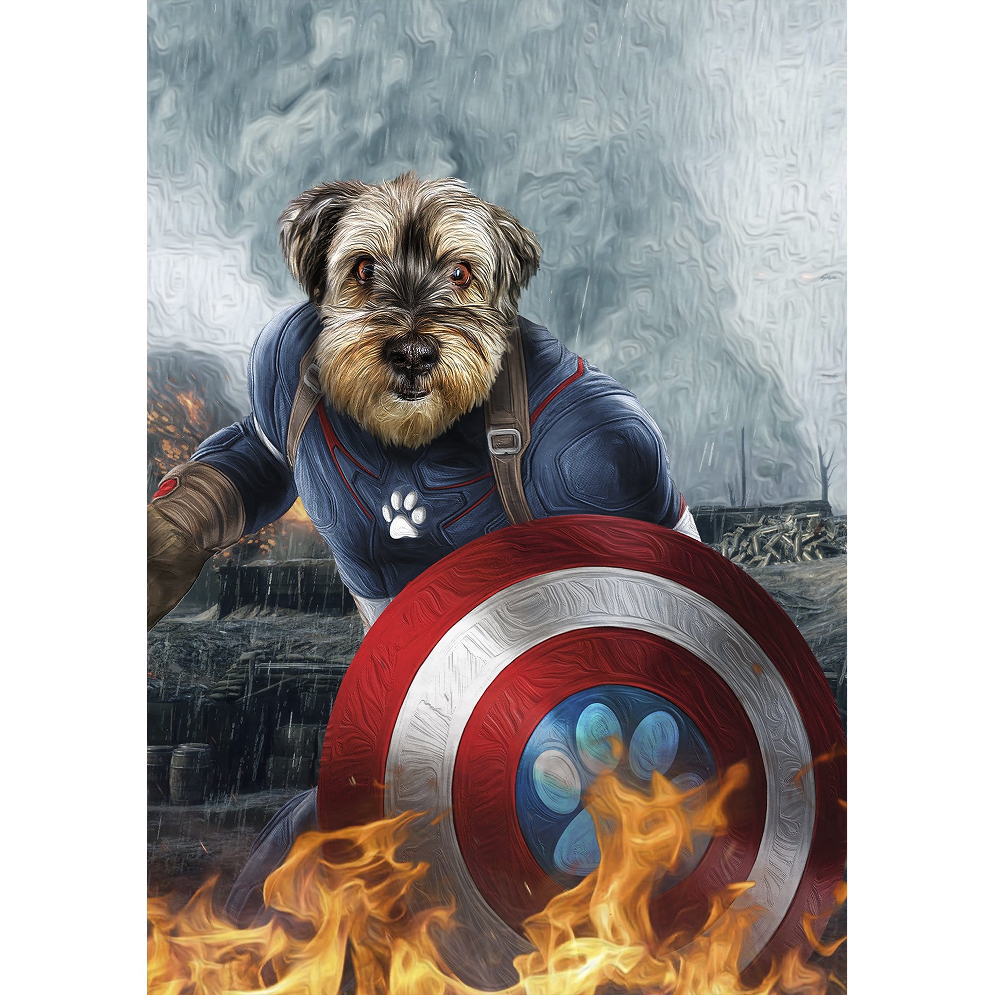 Personalized digital portrait of a dog as Captain Doggmerica with shield and flames.