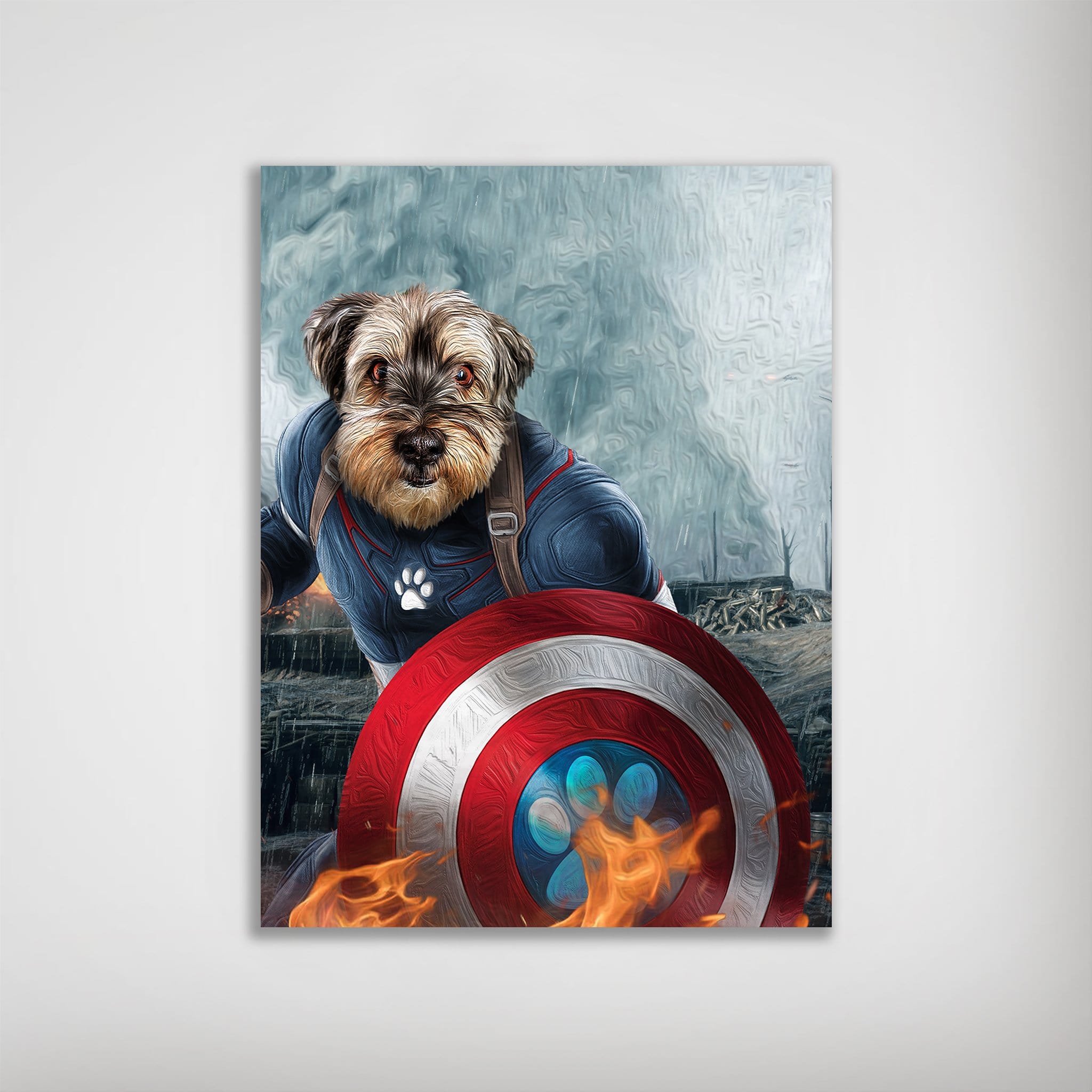 Personalized 'Captain Doggmerica' poster featuring a dog in a blue superhero suit with a paw print shield.