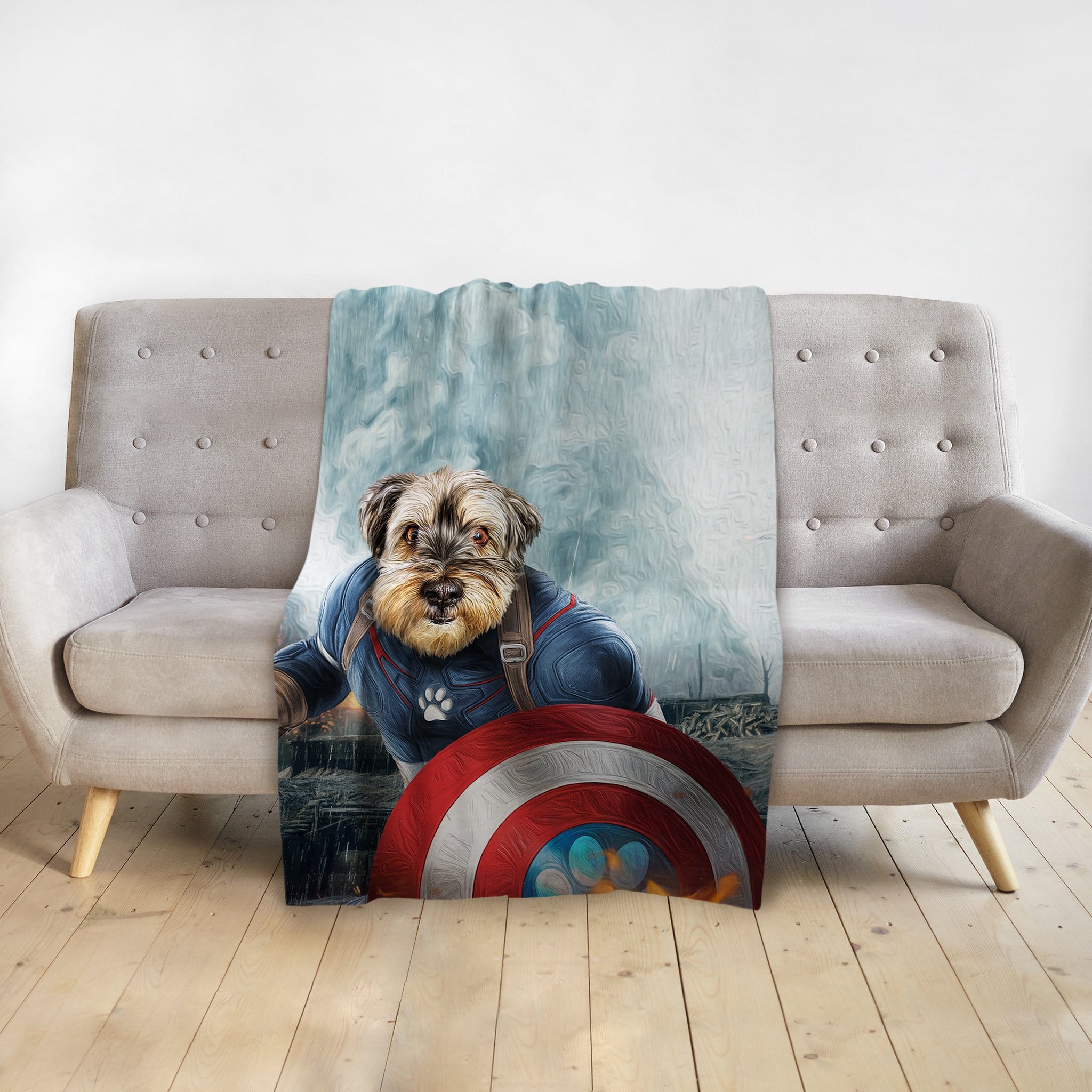Personalized pet blanket featuring a dog in a Captain America-style portrait with shield.