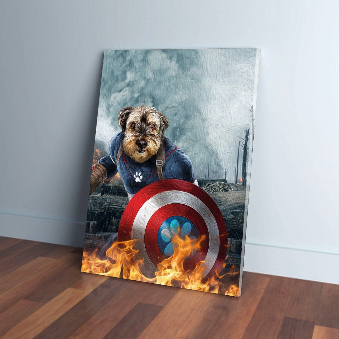 Personalized pet canvas featuring a dog as Captain America with a paw print shield, surrounded by fire.