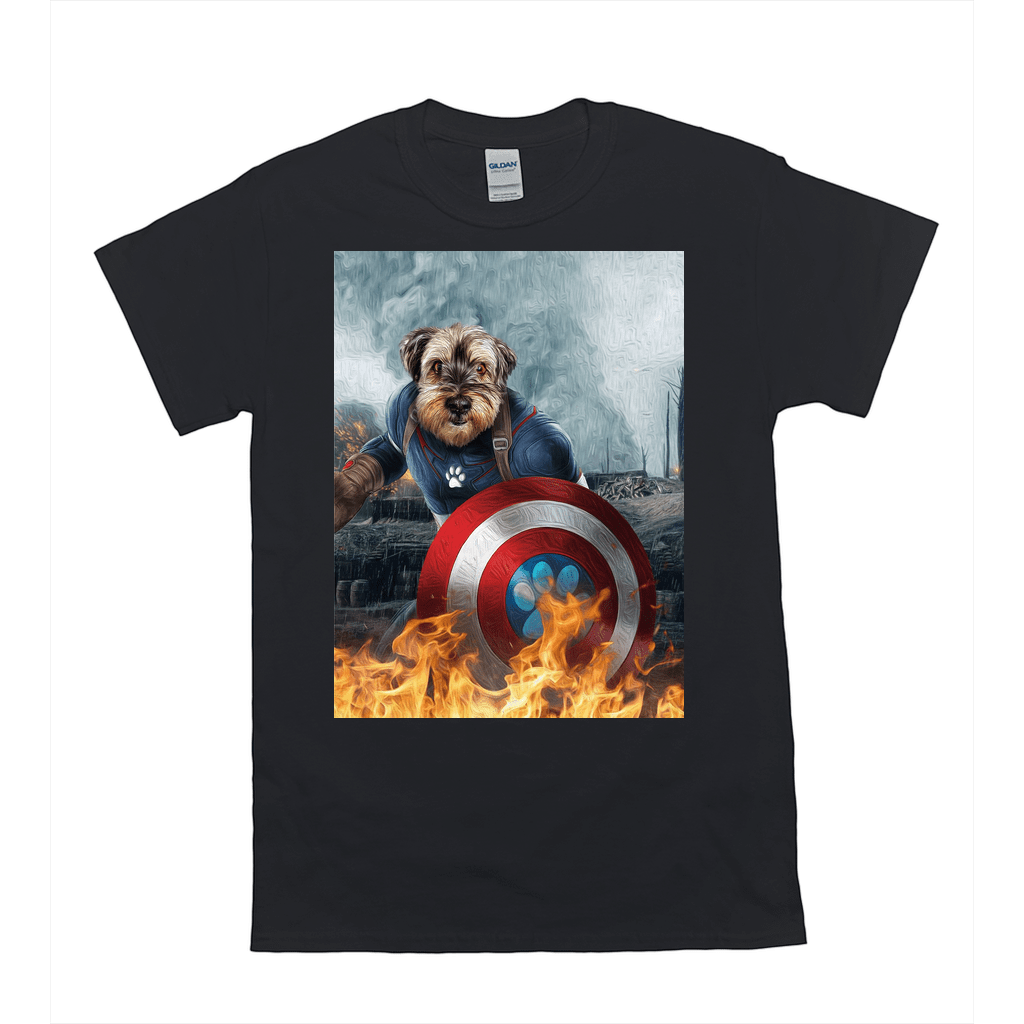 Black Gildan t-shirt featuring a personalized dog portrait as Captain America with shield and flames.