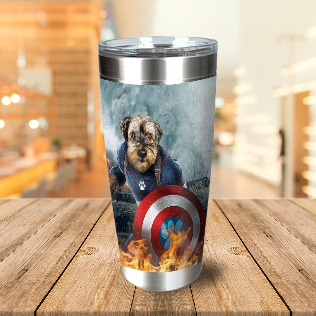Personalized Captain Doggmerica stainless steel tumbler with a custom pet portrait in superhero style.