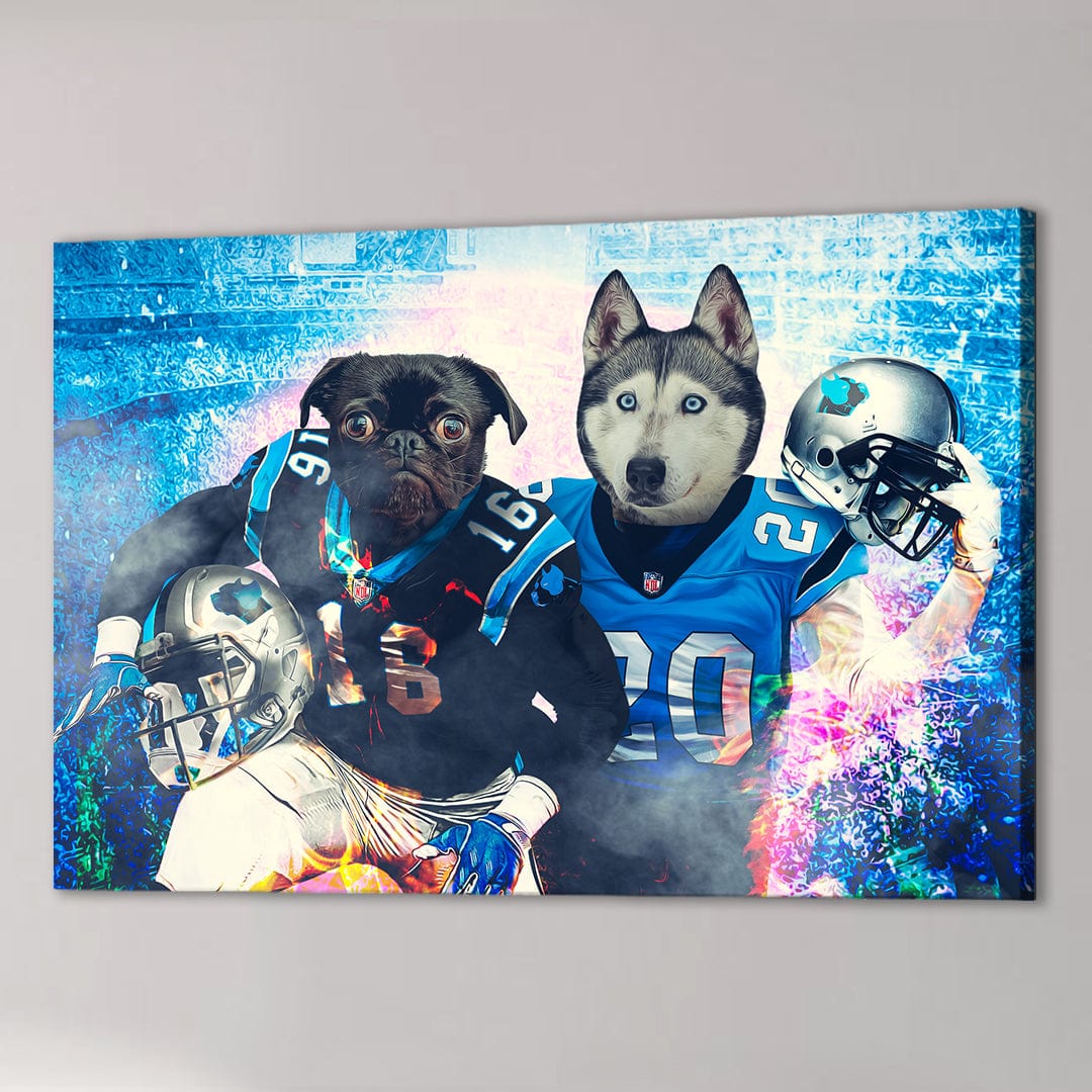 Personalized canvas featuring a pug and husky in Carolina Panthers football jerseys with helmets.
