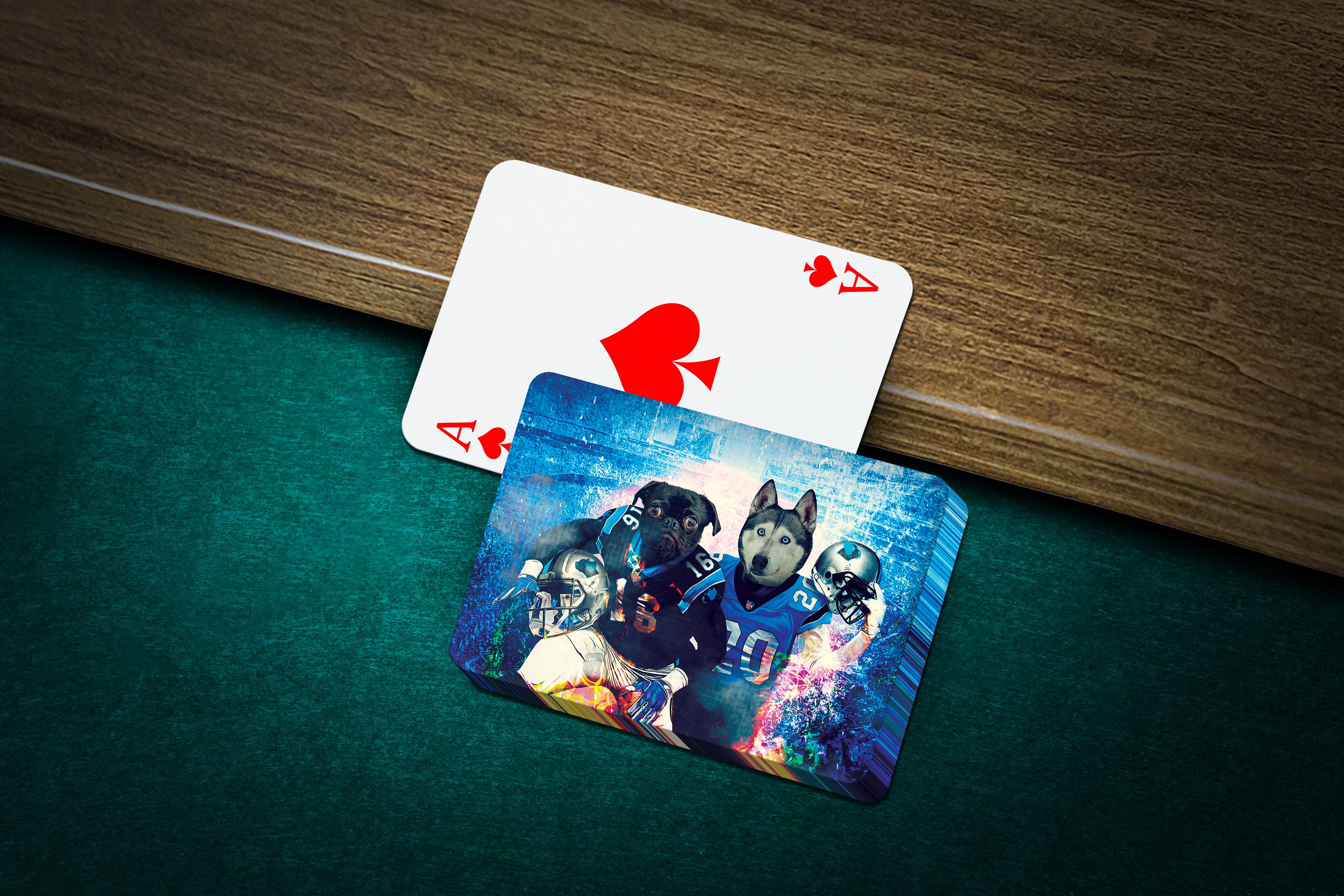 Personalized playing cards featuring two pets as football players, one black dog and one husky, on a blue background.