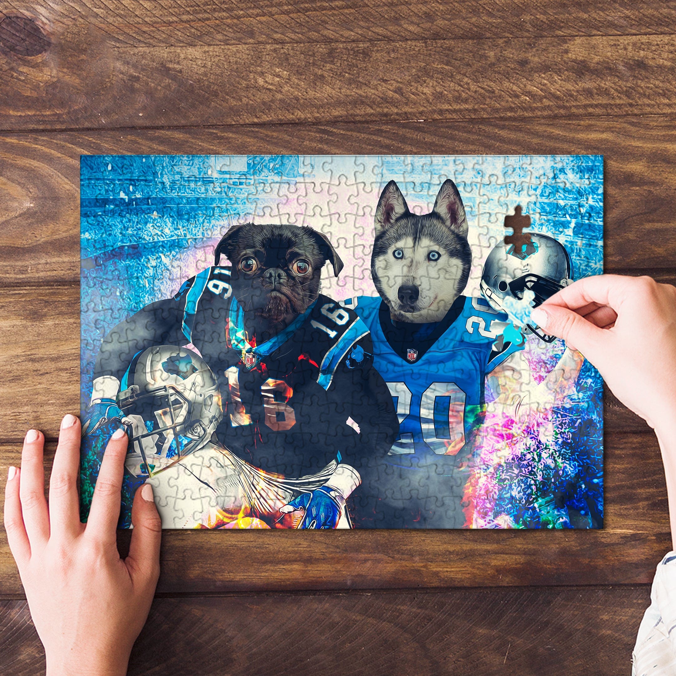 Personalized 2 pet puzzle featuring a pug and husky in football jerseys, with hands assembling it.