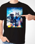 Black Gildan t-shirt with a personalized graphic of a pug and husky in Carolina Panthers football uniforms.