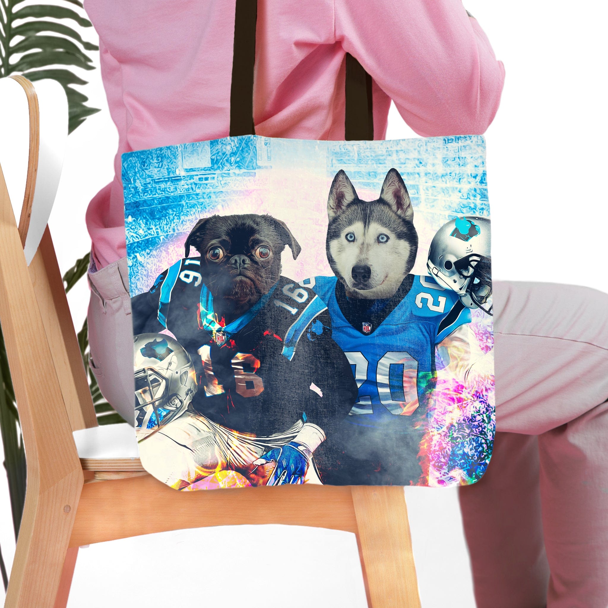 Personalized Carolina Doggos tote bag with custom pug and husky pet portraits in football jerseys.