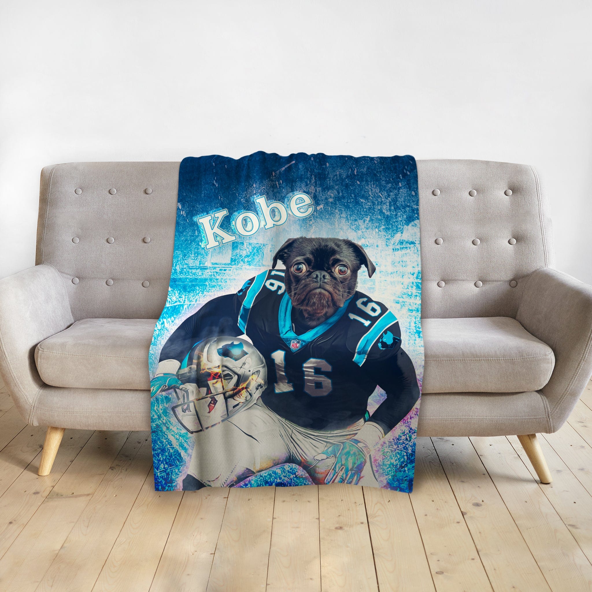 Personalized pet blanket with a pug in a Carolina Panthers football uniform, named Kobe.
