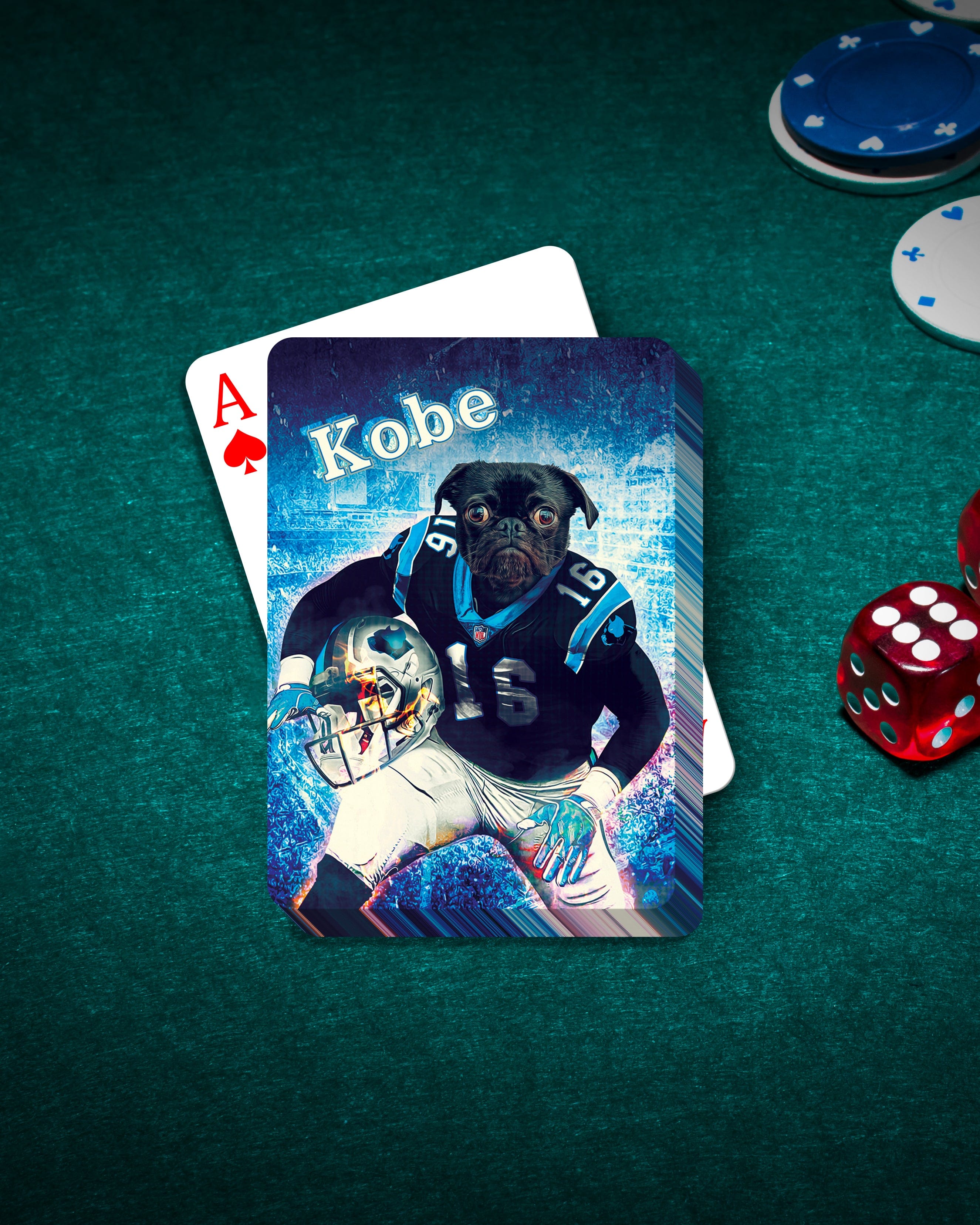 Personalized playing card featuring a pug dog in a Carolina Panthers football uniform, on a green felt table with poker chips and dice.