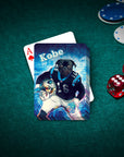 Personalized playing card featuring a pug dog in a Carolina Panthers football uniform, on a green felt table with poker chips and dice.