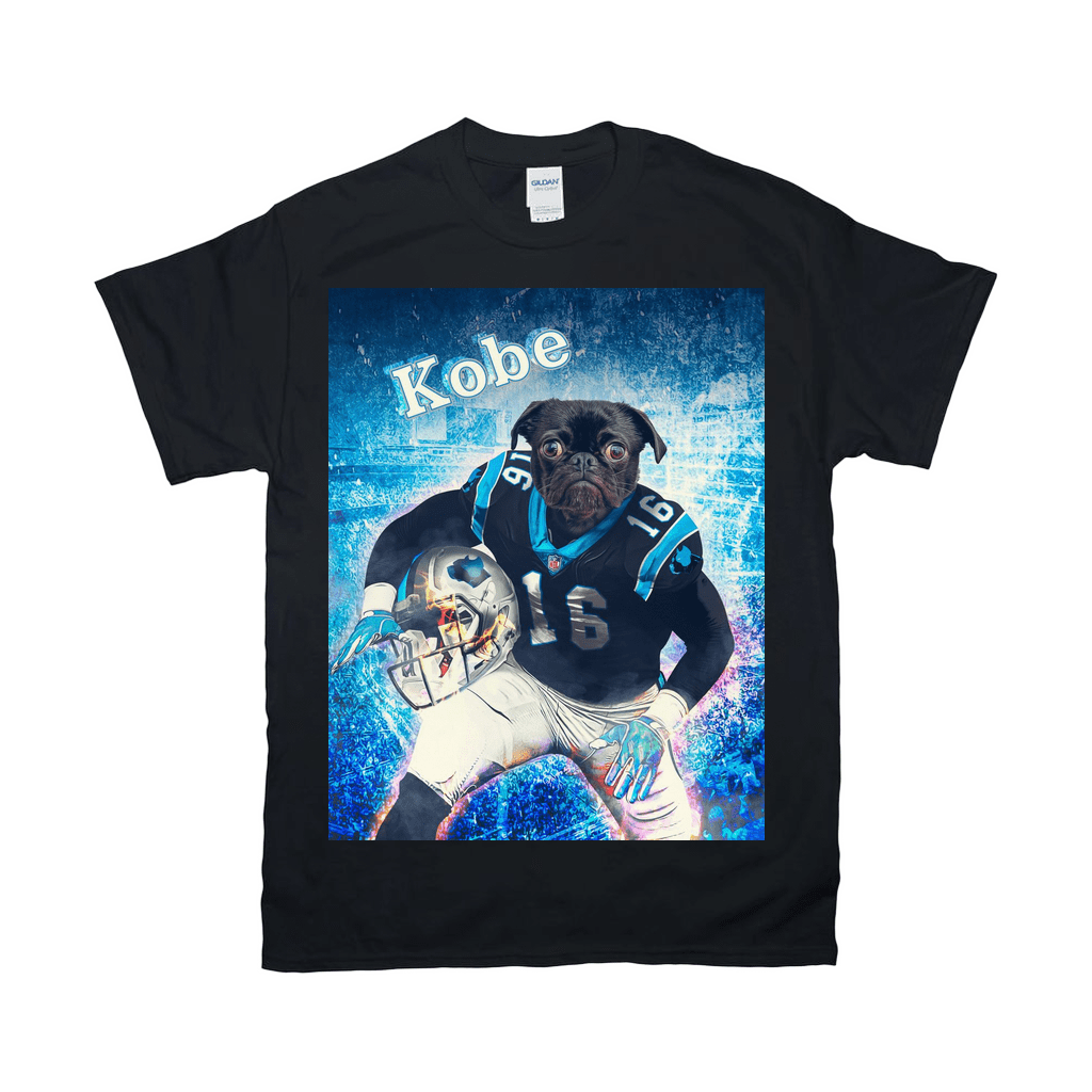 Black Gildan t-shirt with a pug in a Carolina Panthers football uniform holding a helmet.