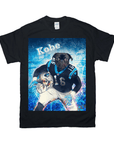 Black Gildan t-shirt with a pug in a Carolina Panthers football uniform holding a helmet.