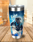 Personalized stainless steel tumbler with a pug pet portrait in a Carolina Panthers football uniform.