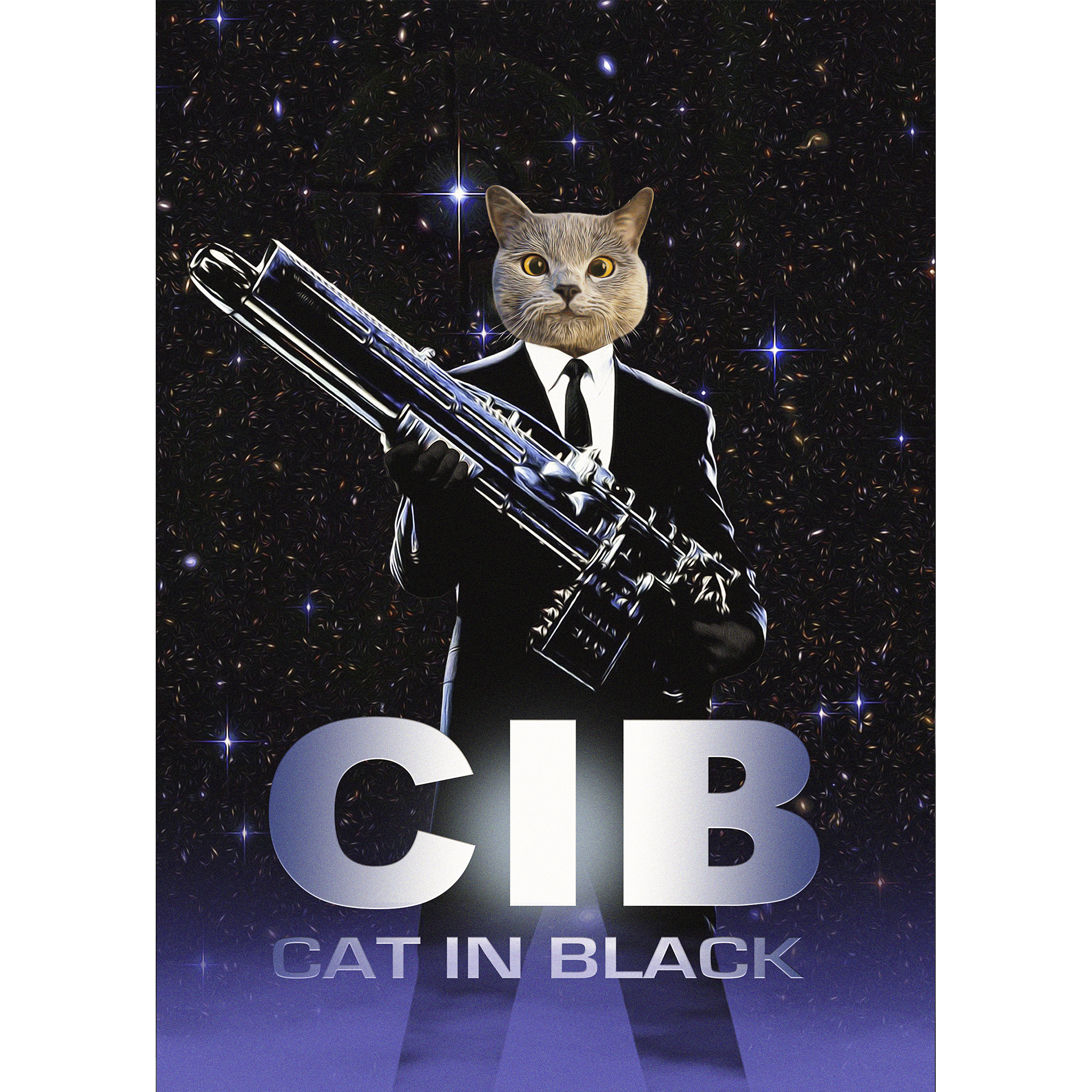 Custom digital portrait of a cat in a black suit holding a futuristic gun, against a starry background.
