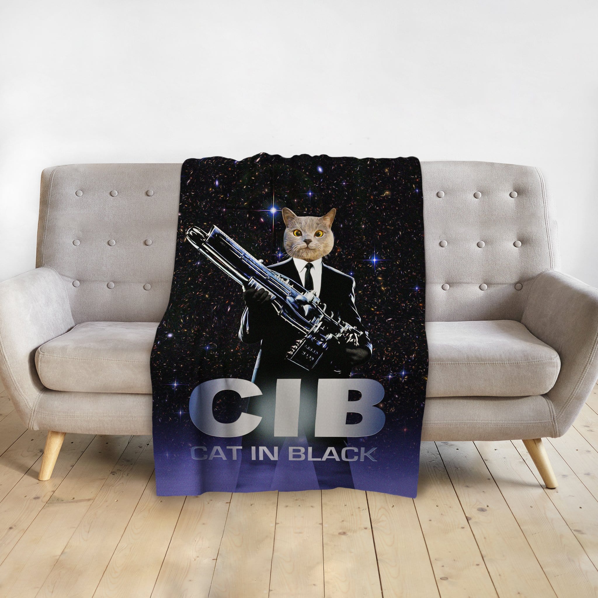 Personalized pet blanket with a cat in a black suit holding a weapon, "CIB Cat in Black" text.