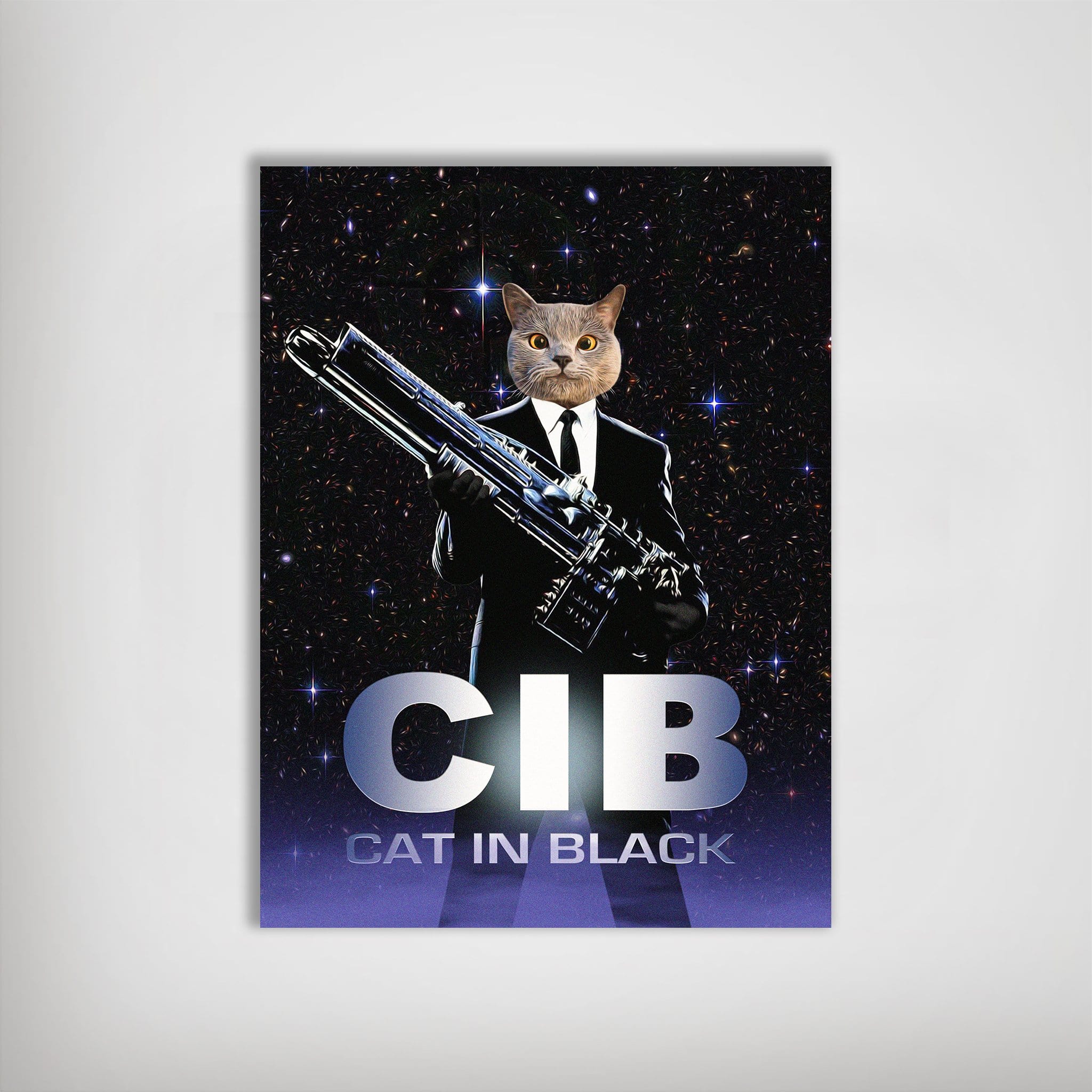 Personalized "Cat in Black" poster featuring a cat in a black suit holding a large gun against a starry background.