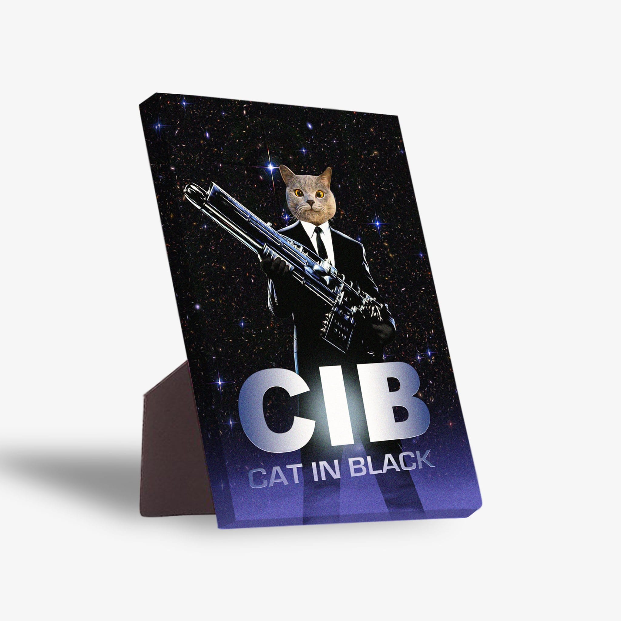 Personalized pet standing canvas featuring a cat in a black suit holding a futuristic gun against a starry background.