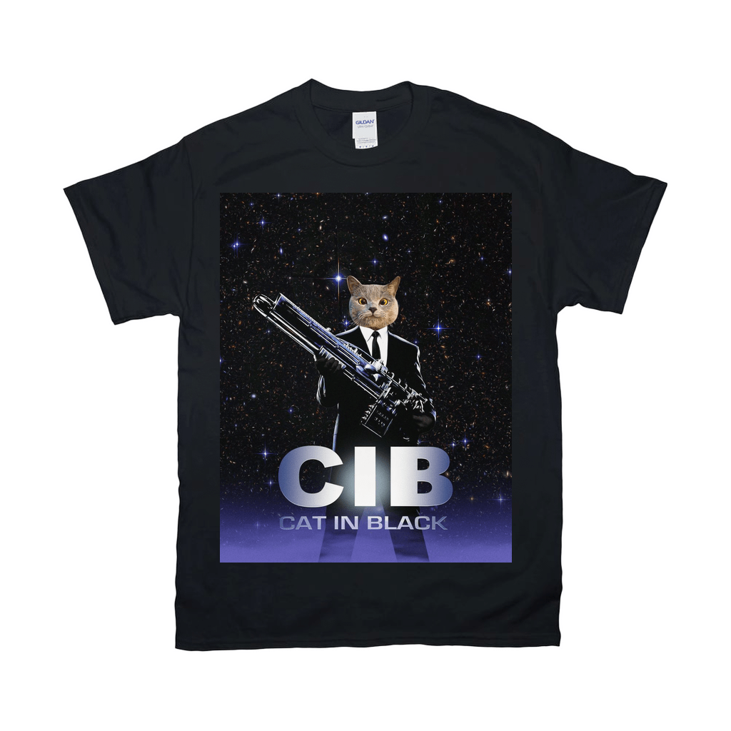 Black Gildan unisex t-shirt with a personalized "Cat in Black" design featuring a cat in a suit holding a weapon.