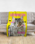 Personalized Catmopolitan pet blanket with a custom portrait of a fluffy grey cat.