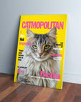 Personalized 'Catmopolitan' canvas featuring a fluffy grey cat with green eyes on a yellow background.