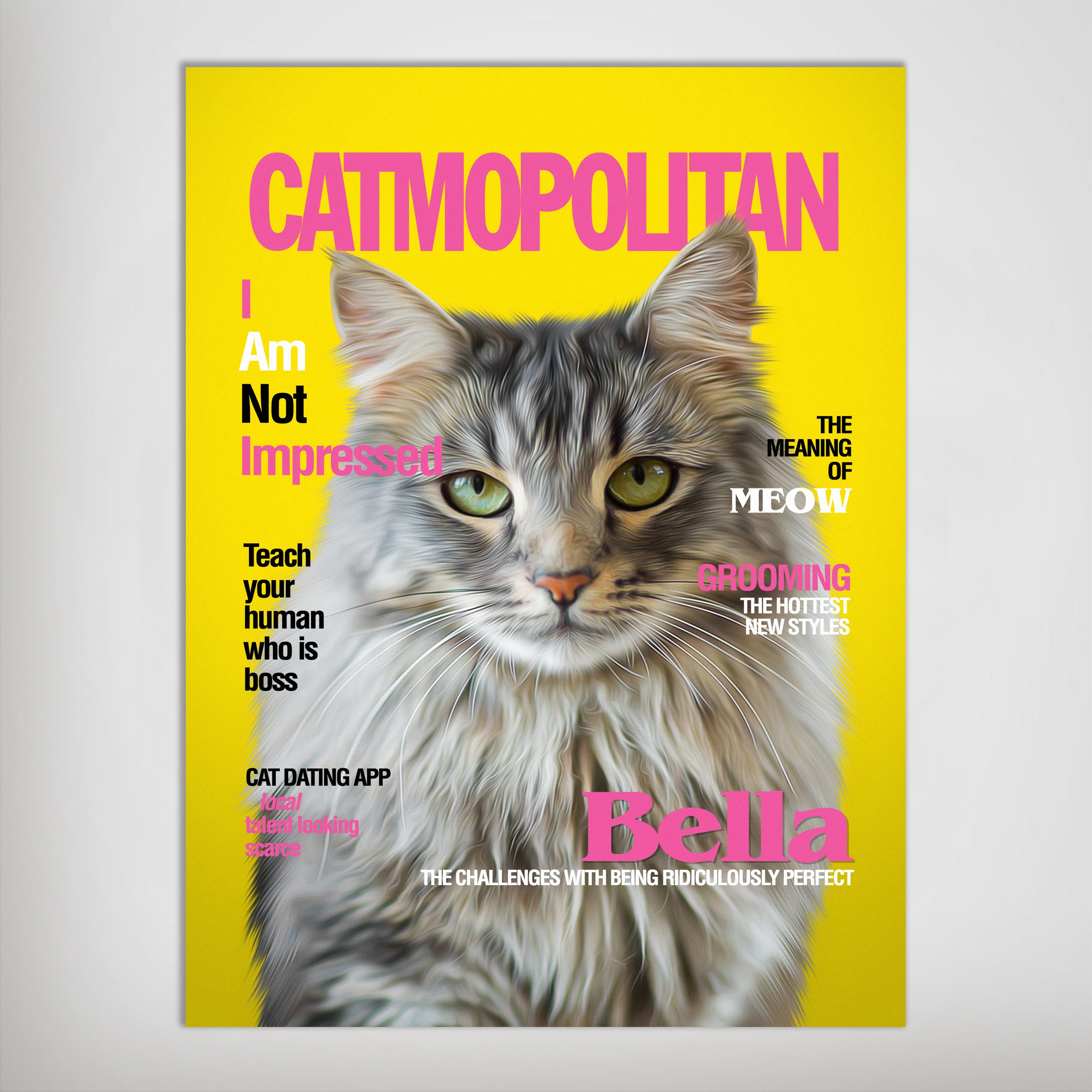 Personalized Catmopolitan poster featuring a fluffy grey cat named Bella on a vibrant yellow background.
