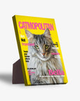 Personalized 'Catmopolitan' standing canvas featuring a grey cat portrait on a yellow magazine cover.
