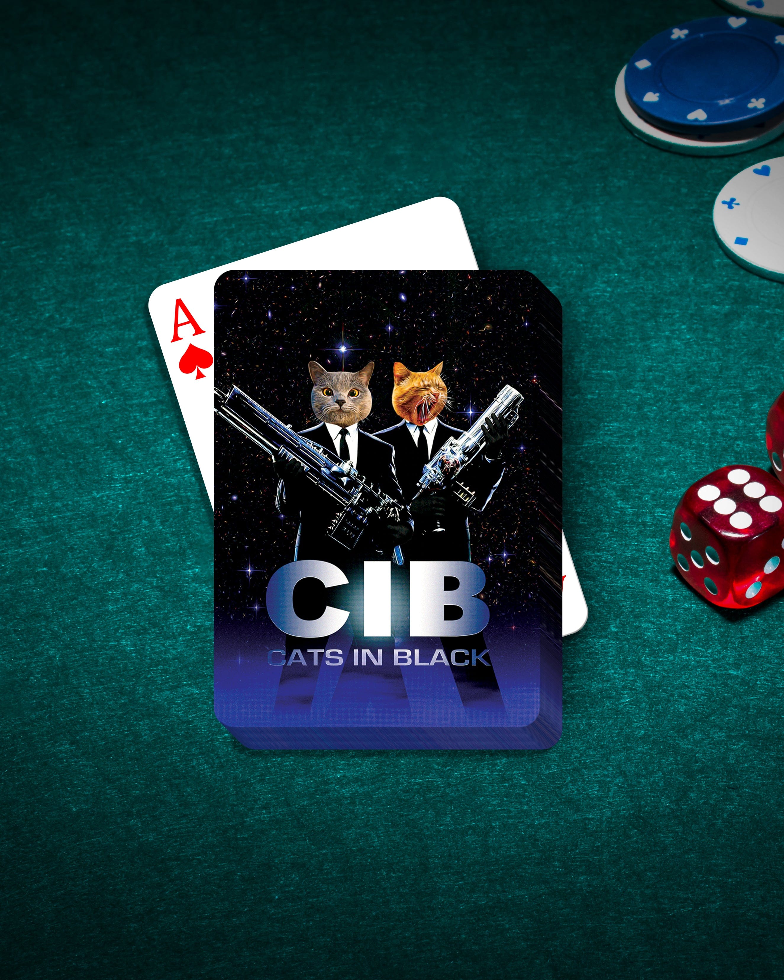 Custom personalized playing cards featuring two cats in black suits, like 'Men in Black,' on a green felt table with poker chips and dice.