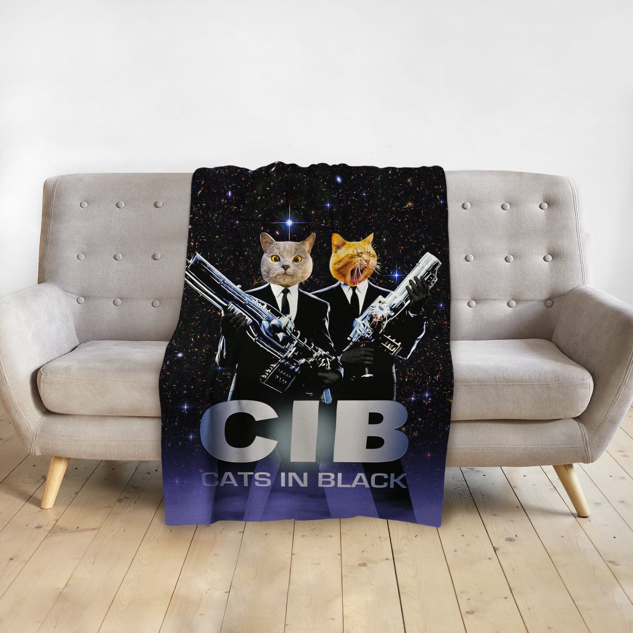Personalized 'Cats in Black' pet blanket with two cats in suits holding futuristic guns against a starry background.