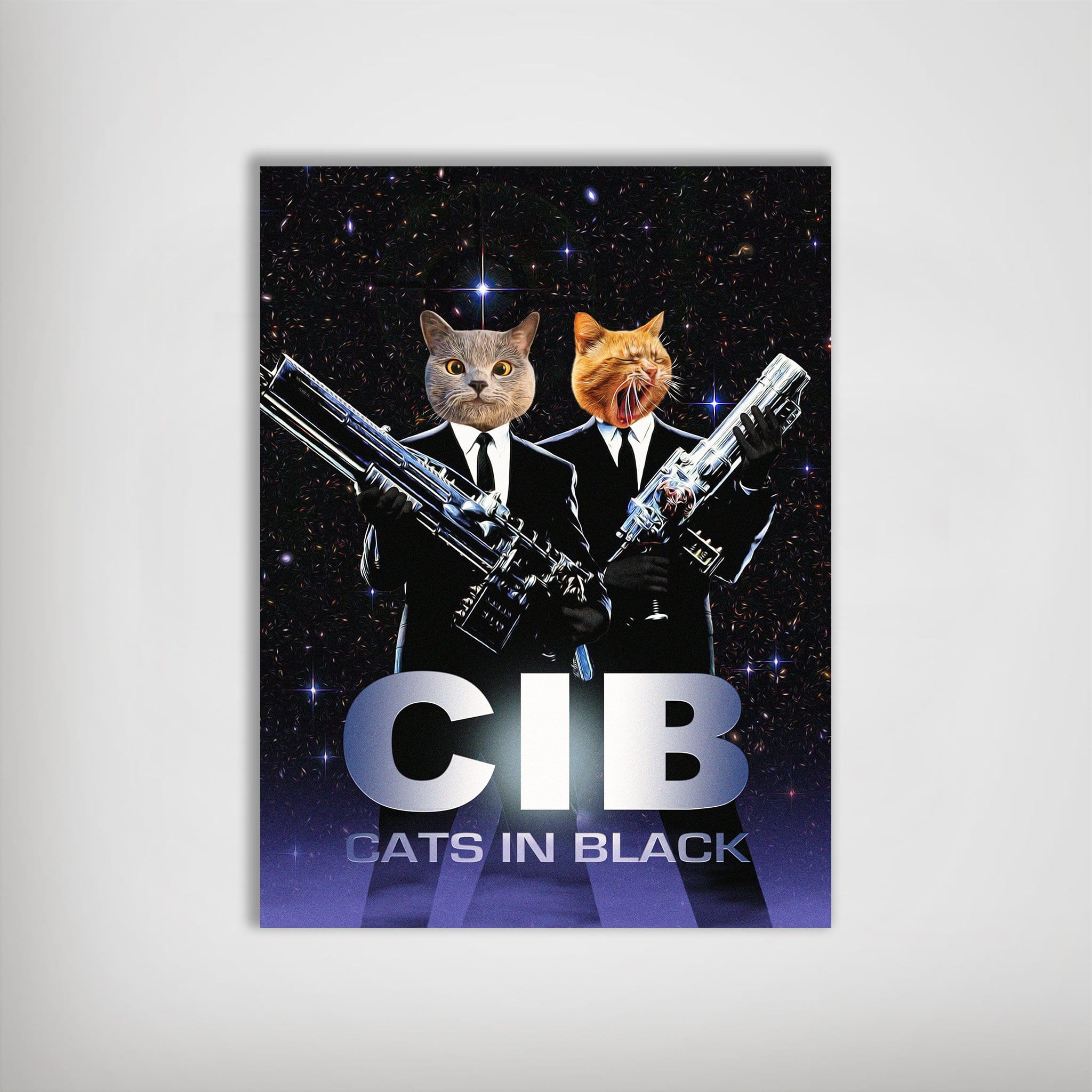 Personalized 'Cats in Black' poster featuring two pets in suits holding futuristic guns against a starry background.