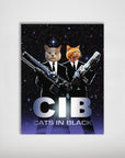 Personalized 'Cats in Black' poster featuring two pets in suits holding futuristic guns against a starry background.