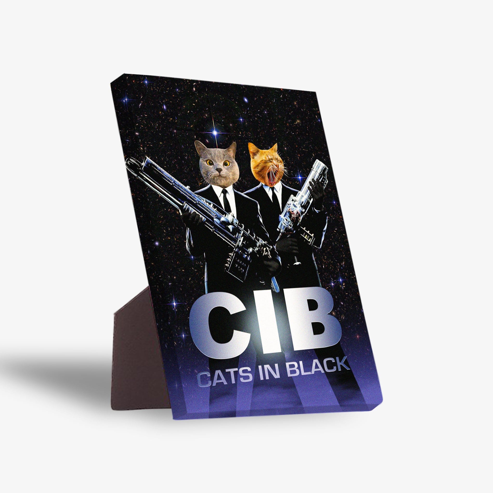 Personalized 'Cats in Black' standing canvas featuring two pets in suits holding guns against a starry background.