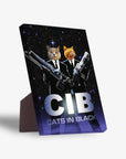 Personalized 'Cats in Black' standing canvas featuring two pets in suits holding guns against a starry background.