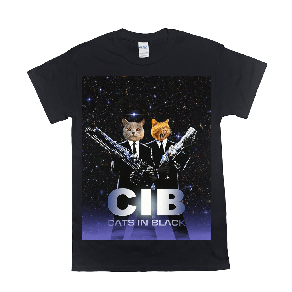 Black Gildan unisex t-shirt featuring two cats in black suits holding guns, with "CIB Cats in Black" text.