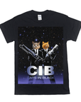 Black Gildan unisex t-shirt featuring two cats in black suits holding guns, with "CIB Cats in Black" text.