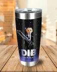 Personalized stainless steel tumbler with a custom dog portrait in a black suit, "DIB Dog in Black" text.