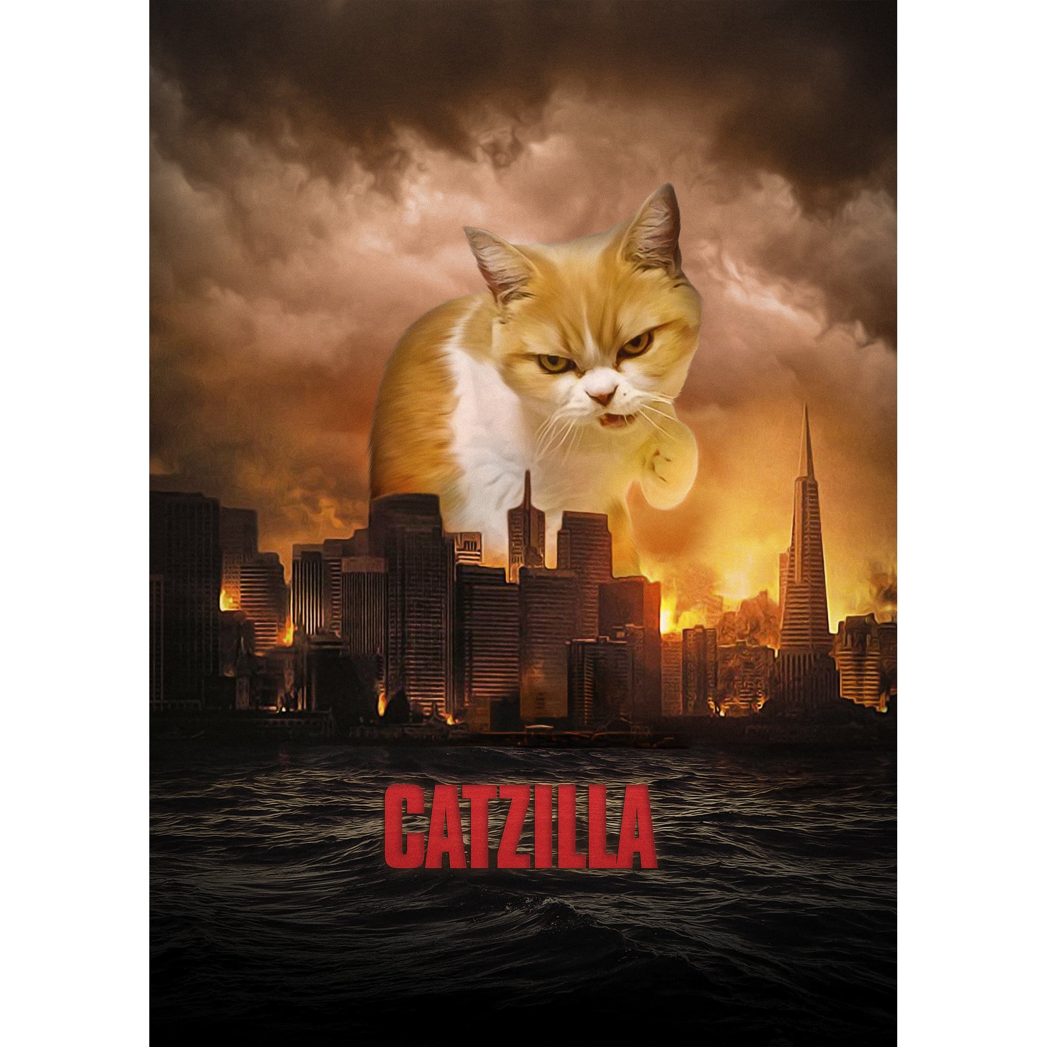 Personalized 'Catzilla' digital portrait featuring a giant cat over a city in a movie poster style.