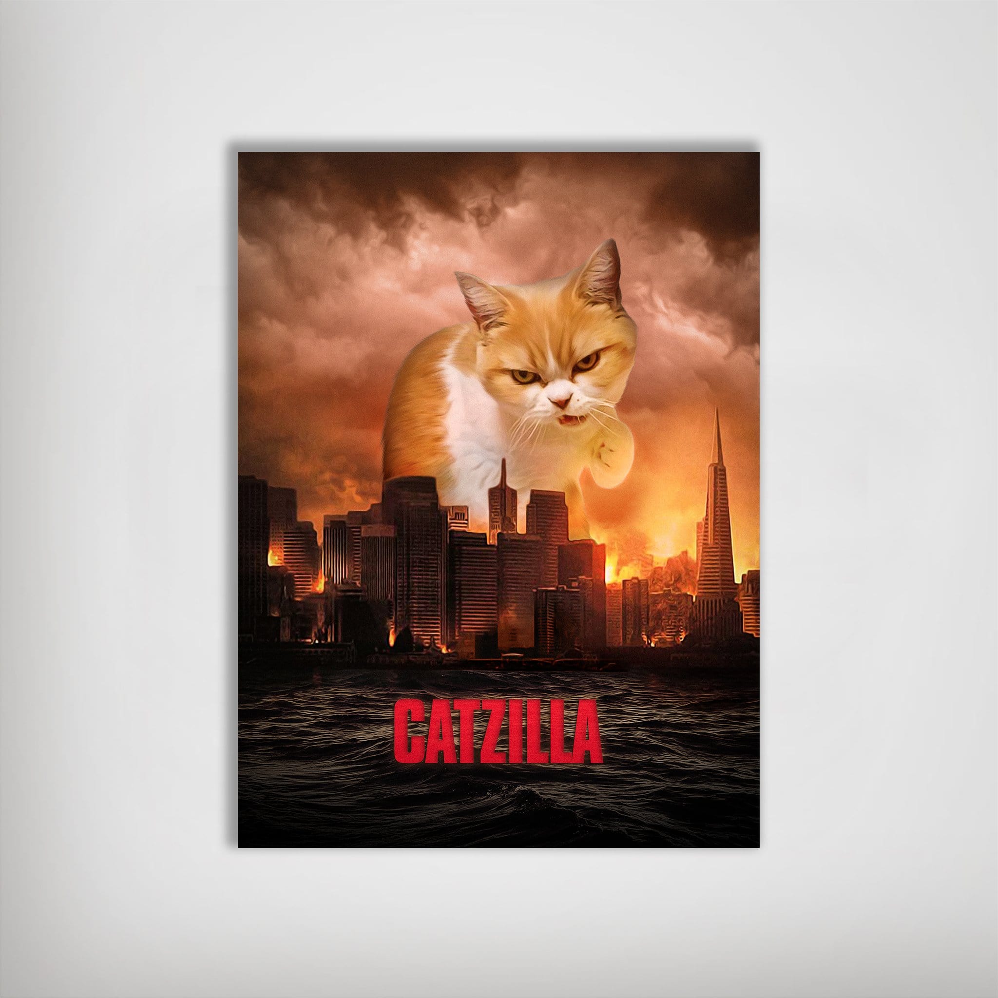 Personalized "Catzilla" poster featuring a giant orange and white cat towering over a burning city skyline.