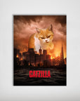 Personalized "Catzilla" poster featuring a giant orange and white cat towering over a burning city skyline.