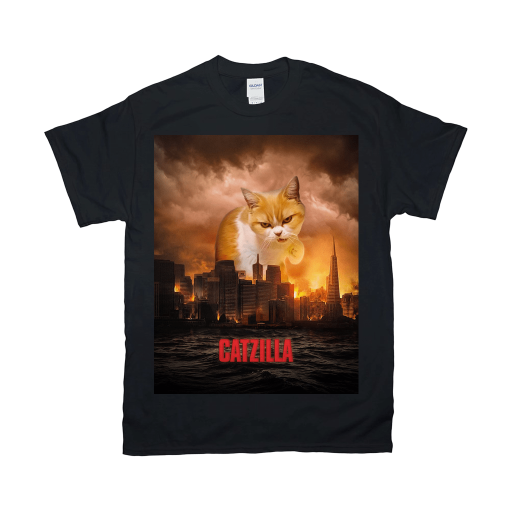 Black Gildan t-shirt with a personalized "Catzilla" design featuring a giant orange and white cat over a city.